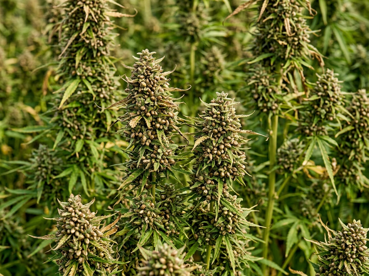 Mature hemp plants with seed heads in an Illinois field