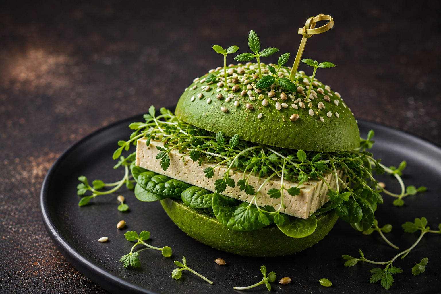 Plated dish finished with fresh hemp greens and hemp seeds